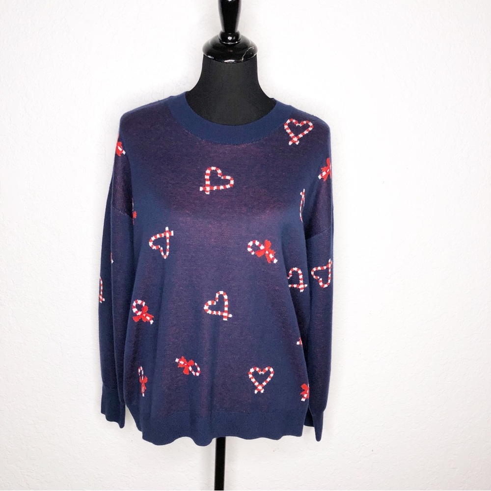 LOFT navy blue red white candy cane heart holiday sweater size Medium NWT